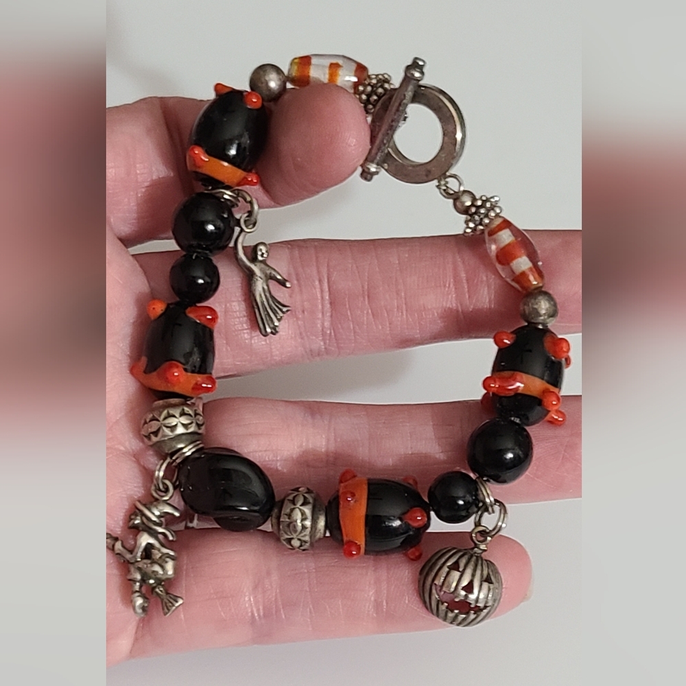 Vintage sterling Halloween murano art glass charm bracelet pumpkin witch ghost
